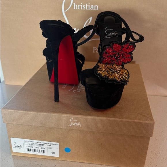 Christian Louboutin Black and Gold Floral Heels - Picture 5 of 6